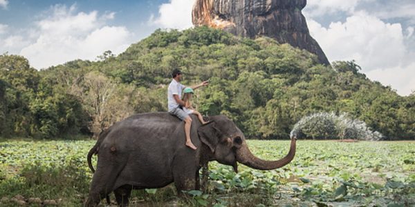 Man and child riding on the back of elephant with rock of Sigiriya as backdrop